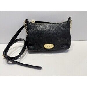 Michael Kors Black Pebbled Leather Crossbody Tassle Purse Bag Gold Chain Linked